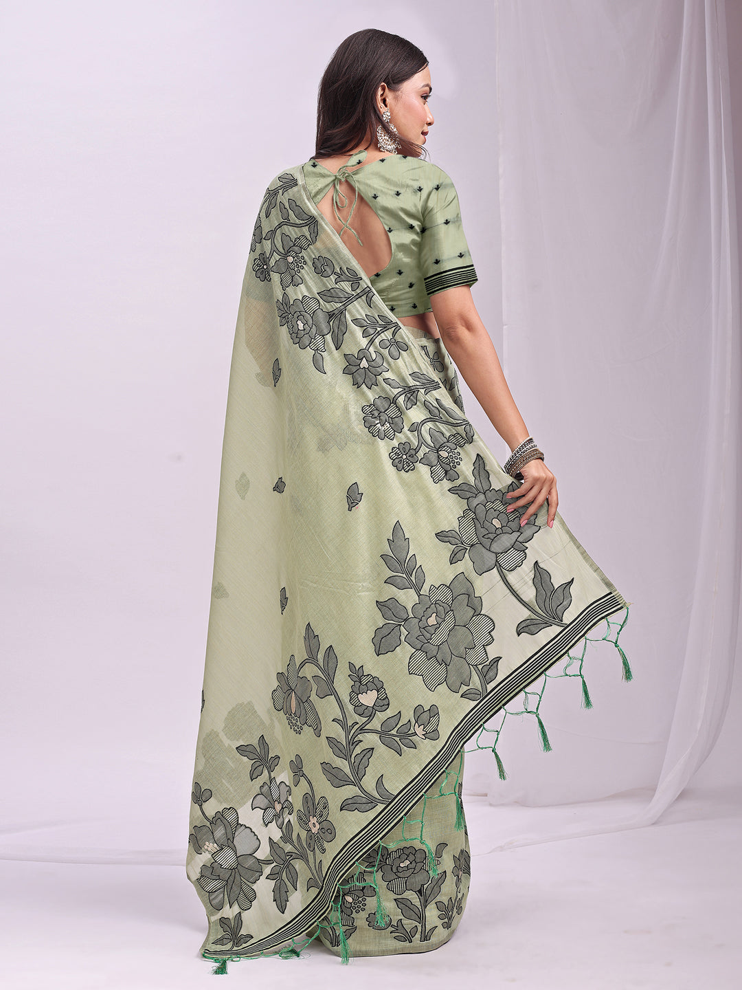 Linen Cotton Light Green Brocade Saree With Blouse Piece