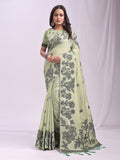 Linen Cotton Light Green Brocade Saree With Blouse Piece