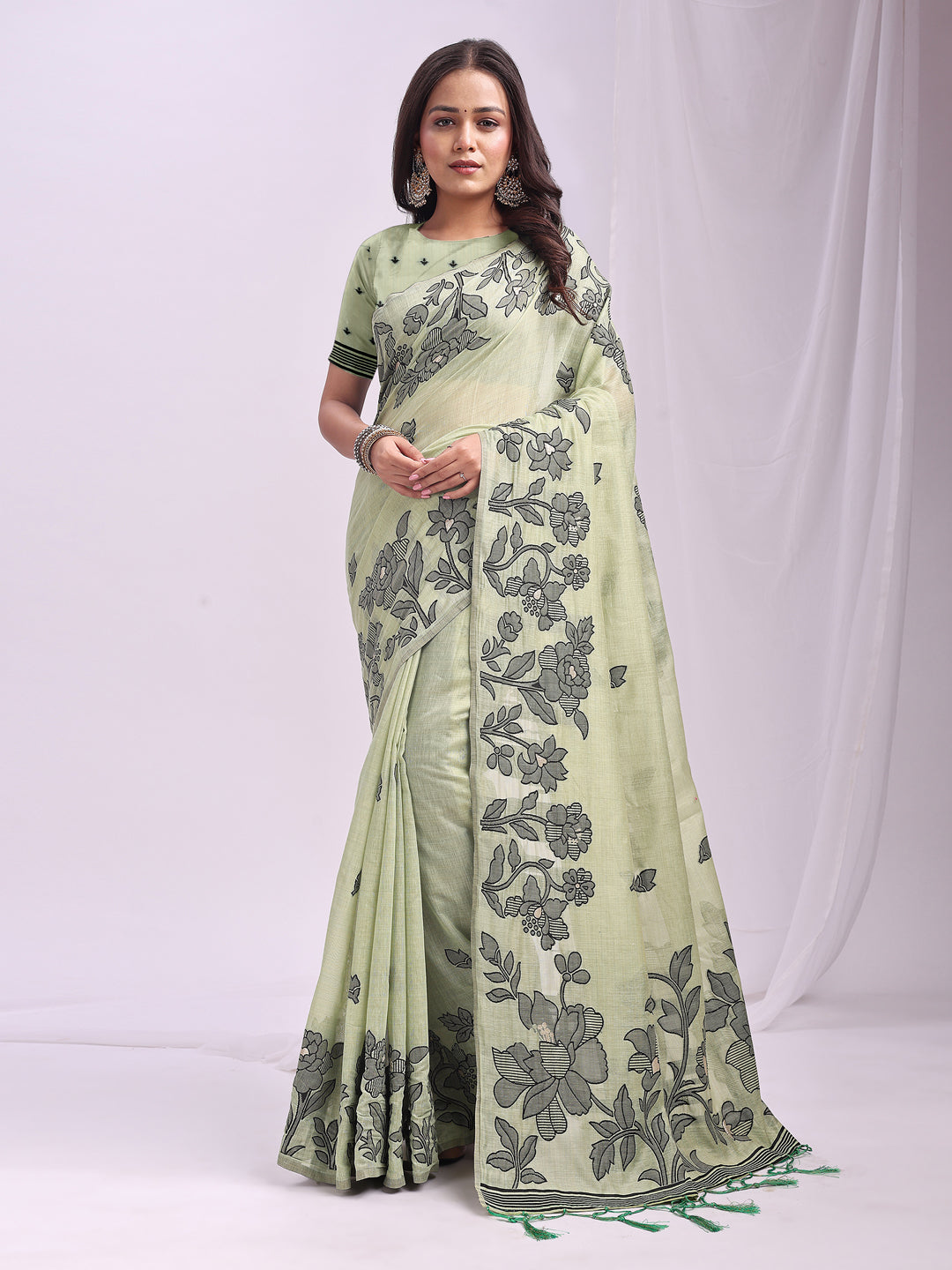 Linen Cotton Light Green Brocade Saree With Blouse Piece