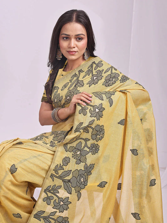 Yellow Linen Cotton Saree With Blouse Piece - EZBER