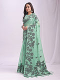 Linen Cotton Rama Green Brocade Saree With Blouse Piece