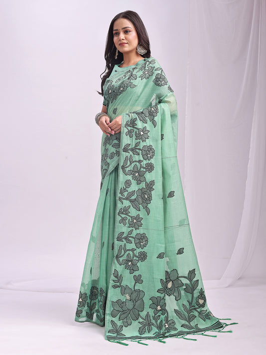 linen-cotton-rama-green-brocade-saree-ezb-si04-asksh1005