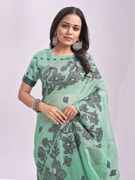 Rama Green Linen Cotton Saree With Blouse Piece - EZBER