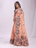 Linen Cotton Orange Brocade Saree With Blouse Piece