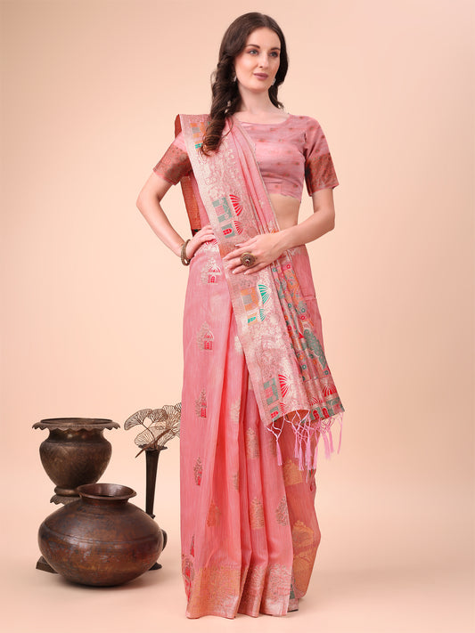 Linen Cotton Pink Brocade Saree With Blouse Piece