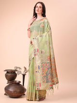 Light Green Linen Cotton Brocade Saree | EZB SI04 ASLIN1003