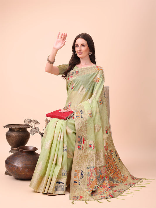 Linen Cotton Light Green Brocade Saree With Blouse Piece