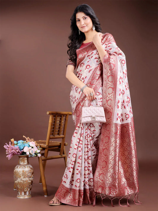 Maroon Linen Cotton Saree With Blouse Piece - EZBER