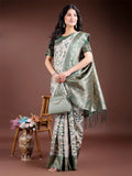 Green Linen Cotton Saree With Blouse Piece - EZBER