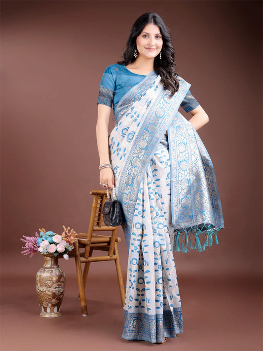 Sky Blue Linen Cotton Saree With Blouse Piece - EZBER
