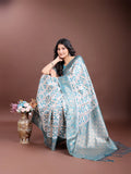 Sea Green Linen Cotton Saree With Blouse Piece - EZBER
