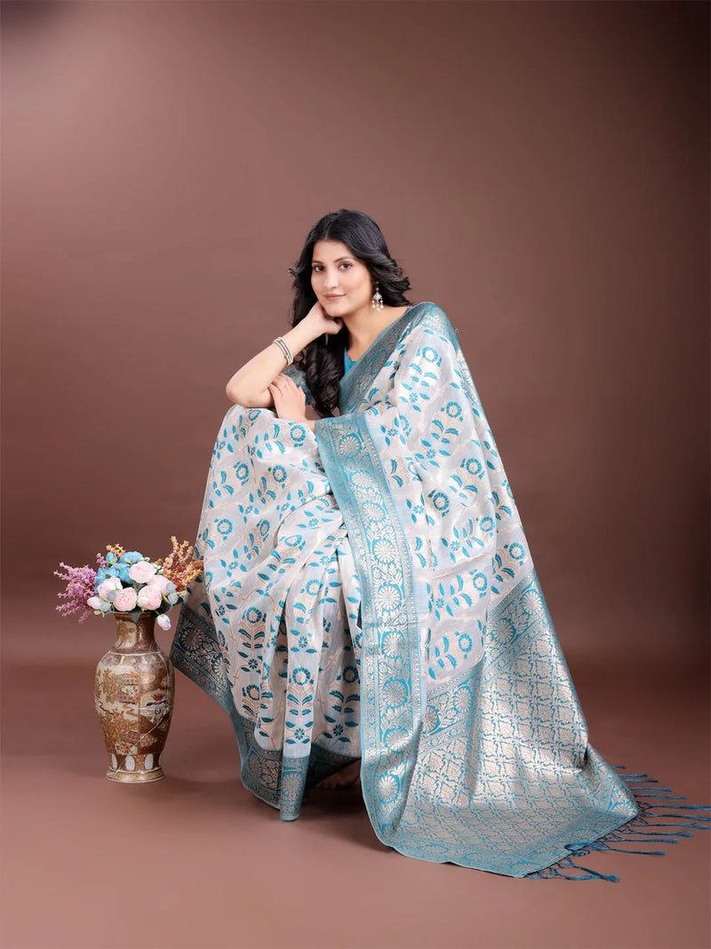Sea Green Linen Cotton Saree With Blouse Piece - EZBER