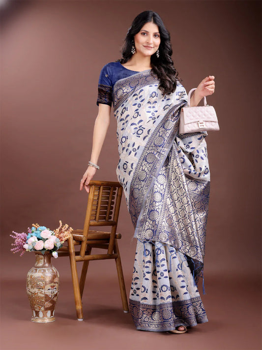 Navy Blue Linen Cotton Saree With Blouse Piece - EZBER