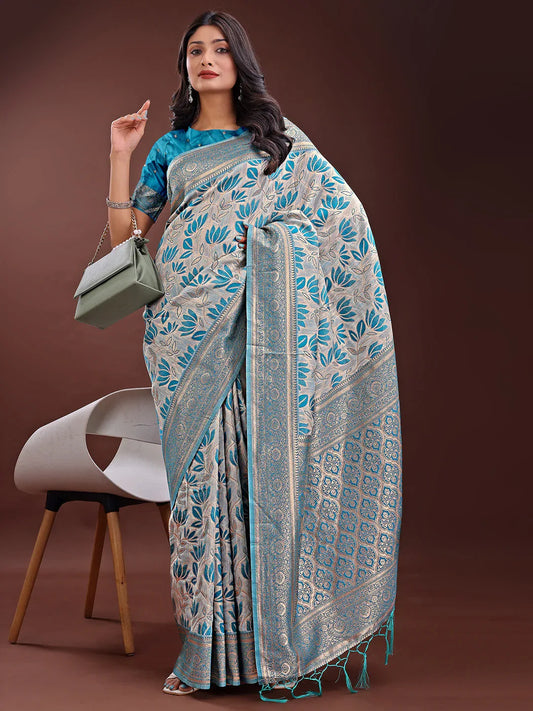 Sea Green Linen Cotton Saree With Blouse Piece - EZBER