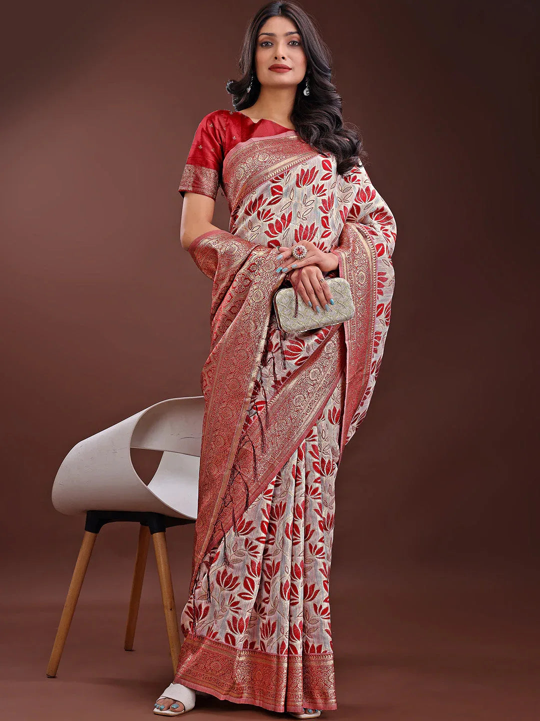 Maroon Linen Cotton Saree With Blouse Piece - EZBER