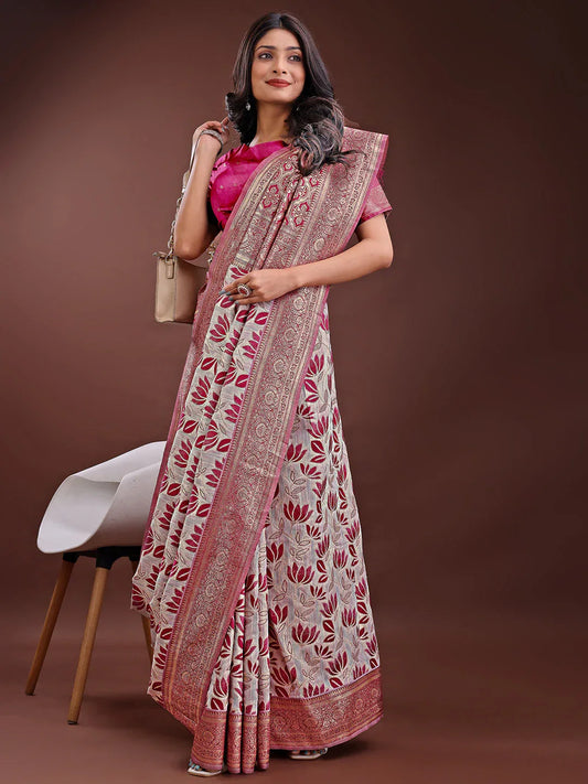 Purple Linen Cotton Saree With Blouse Piece - EZBER