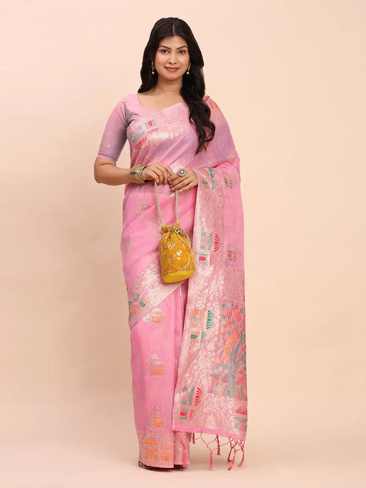 Pink LINEN COTTON Saree With Blouse Piece - EZBER