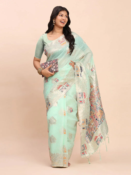 Sea Green LINEN COTTON Saree With Blouse Piece - EZBER