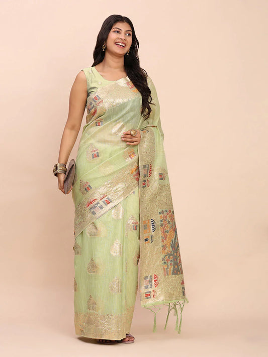 Light Green LINEN COTTON Saree With Blouse Piece - EZBER