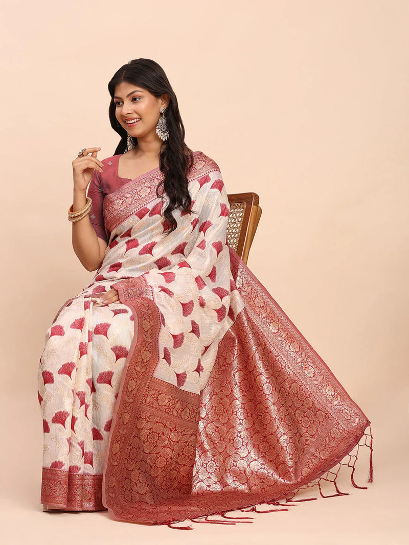 Maroon Linen Cotton Saree With Blouse Piece - EZBER