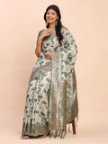 Green Linen Cotton Saree With Blouse Piece - EZBER