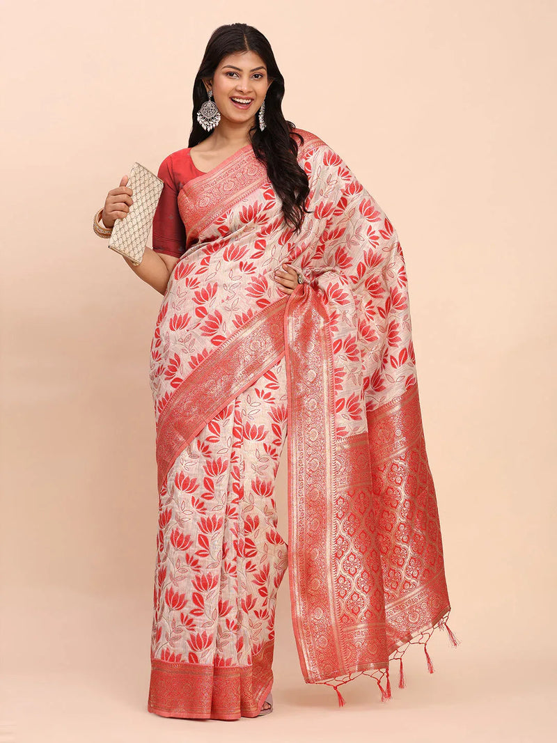 Red Linen Cotton Saree With Blouse Piece - EZBER