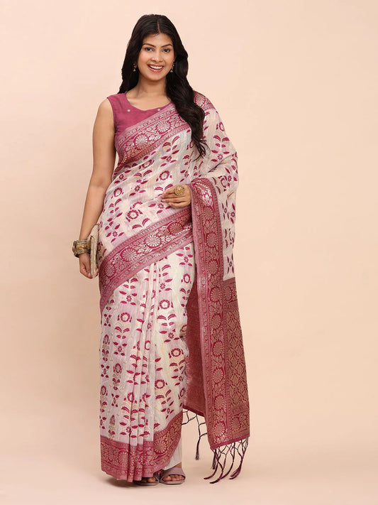 Purple Linen Cotton Saree With Blouse Piece - EZBER
