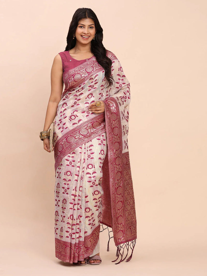 Purple Linen Cotton Saree With Blouse Piece - EZBER