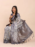 Navy Blue Linen Cotton Saree With Blouse Piece - EZBER