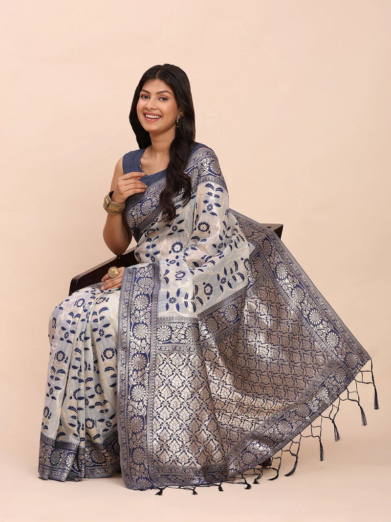 Navy Blue Linen Cotton Saree With Blouse Piece - EZBER