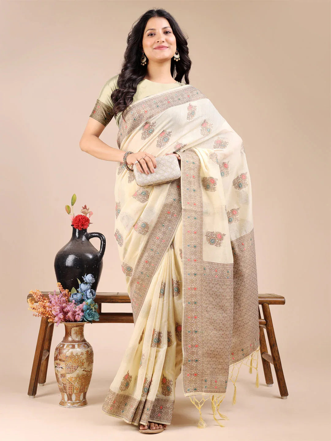 Cream Cotton Saree With Blouse Piece - EZBER