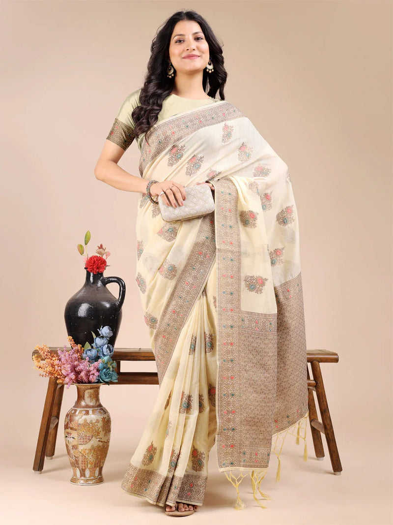 Cream Cotton Saree With Blouse Piece - EZBER
