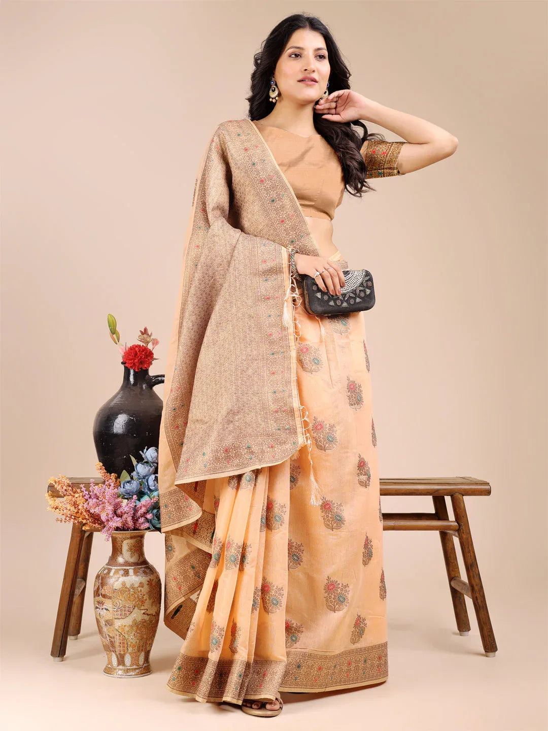 Peach Cotton Saree With Blouse Piece - EZBER
