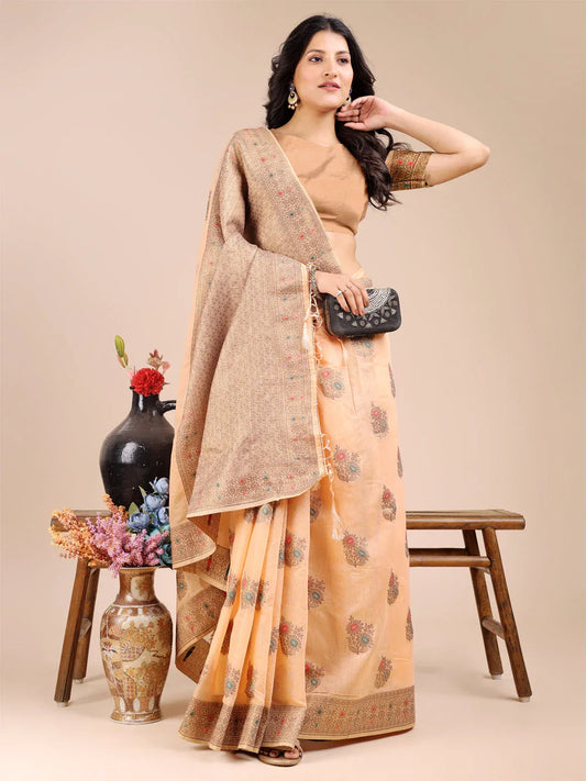Peach Cotton Saree With Blouse Piece - EZBER