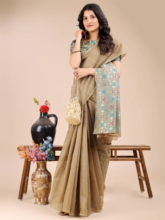 Beige Cotton Saree With Blouse Piece - EZBER