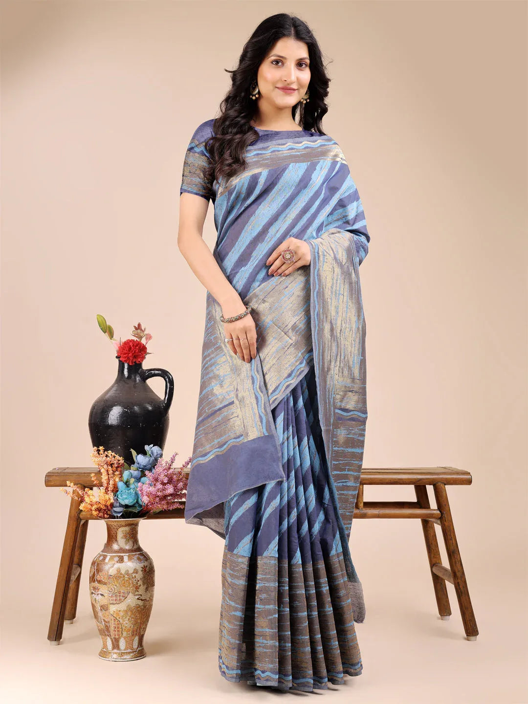 Blue Cotton Saree With Blouse Piece - EZBER