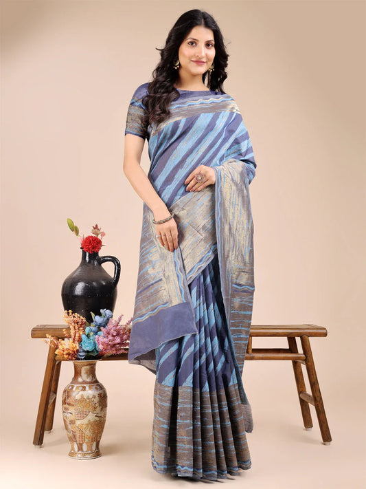 Blue Cotton Saree With Blouse Piece - EZBER