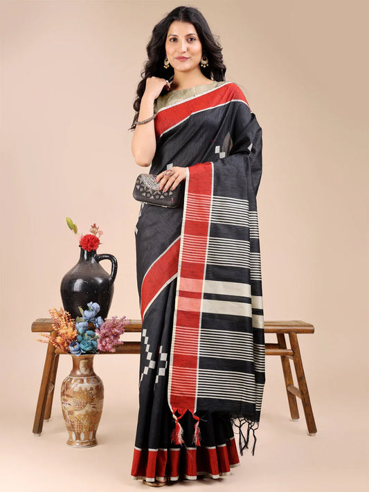 Black Cotton Saree With Blouse Piece - EZBER