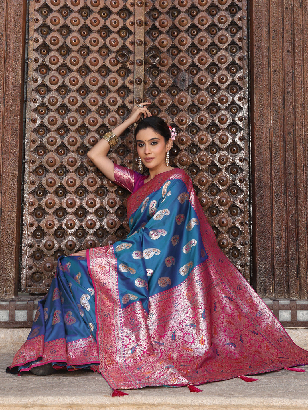 Sky Blue Silk Saree with Blouse Piece | EZBER