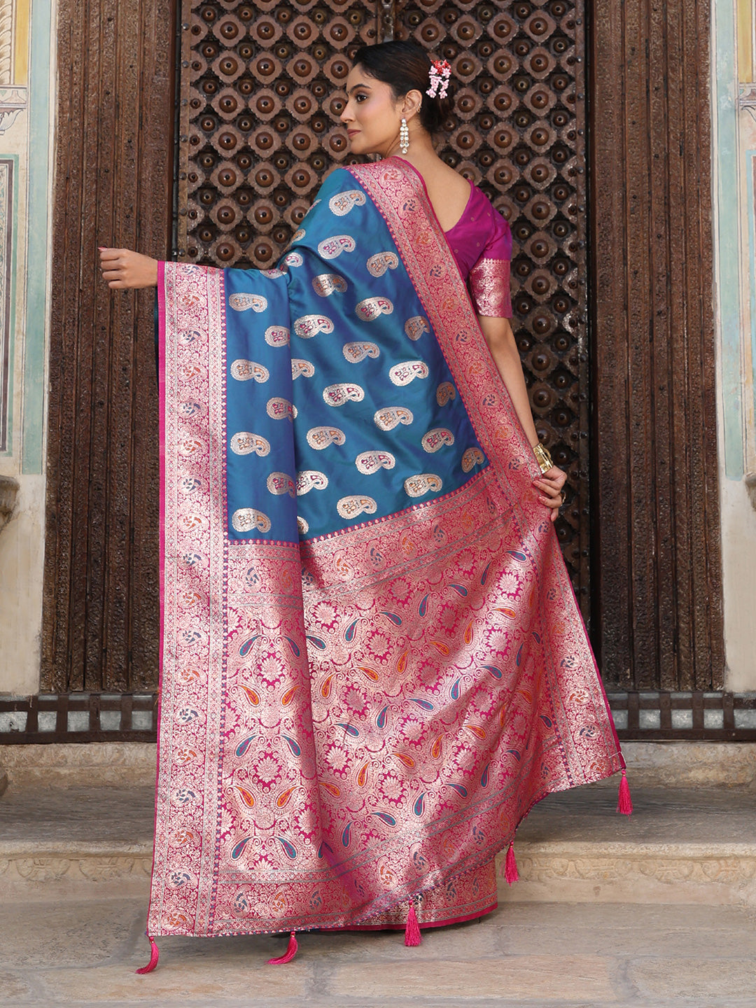 Sky Blue Silk Saree with Blouse Piece | EZBER