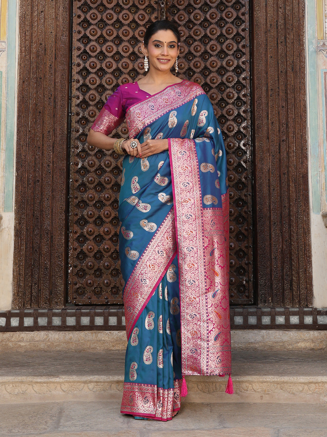 Sky Blue Silk Saree with Blouse Piece | EZBER