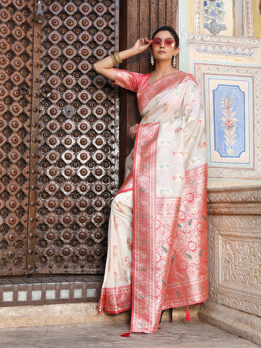 White Silk Saree with Blouse Piece | EZBER