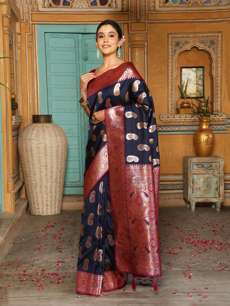 Navy Blue Silk Saree with Blouse Piece | EZBER