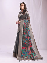 Grey Linen Cotton Peacock Pallu Saree | EZB SI04 ASMRN1001