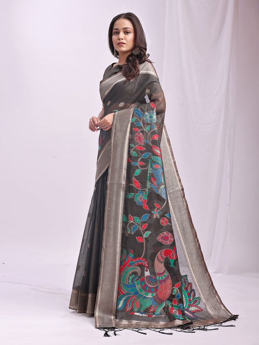 Grey Linen Cotton Peacock Pallu Saree | EZB SI04 ASMRN1001