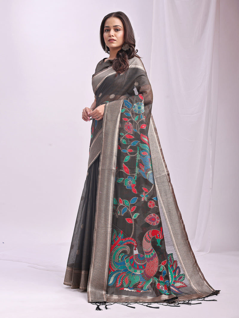 Grey Linen Cotton Peacock Pallu Saree | EZB SI04 ASMRN1001
