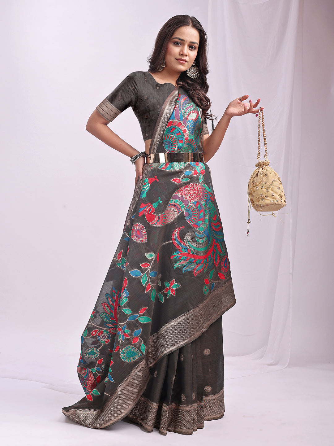 Grey Linen Cotton Peacock Pallu Saree | EZB SI04 ASMRN1001