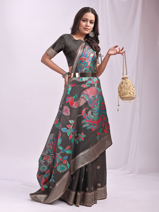 Grey Linen Cotton Peacock Pallu Saree | EZB SI04 ASMRN1001
