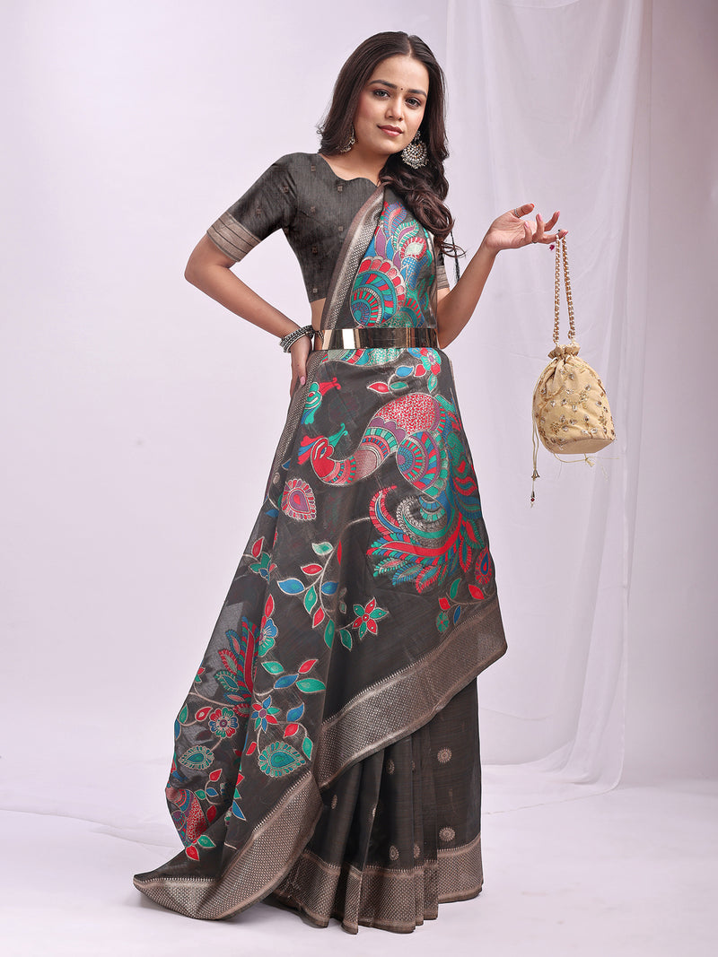 Grey Linen Cotton Peacock Pallu Saree | EZB SI04 ASMRN1001