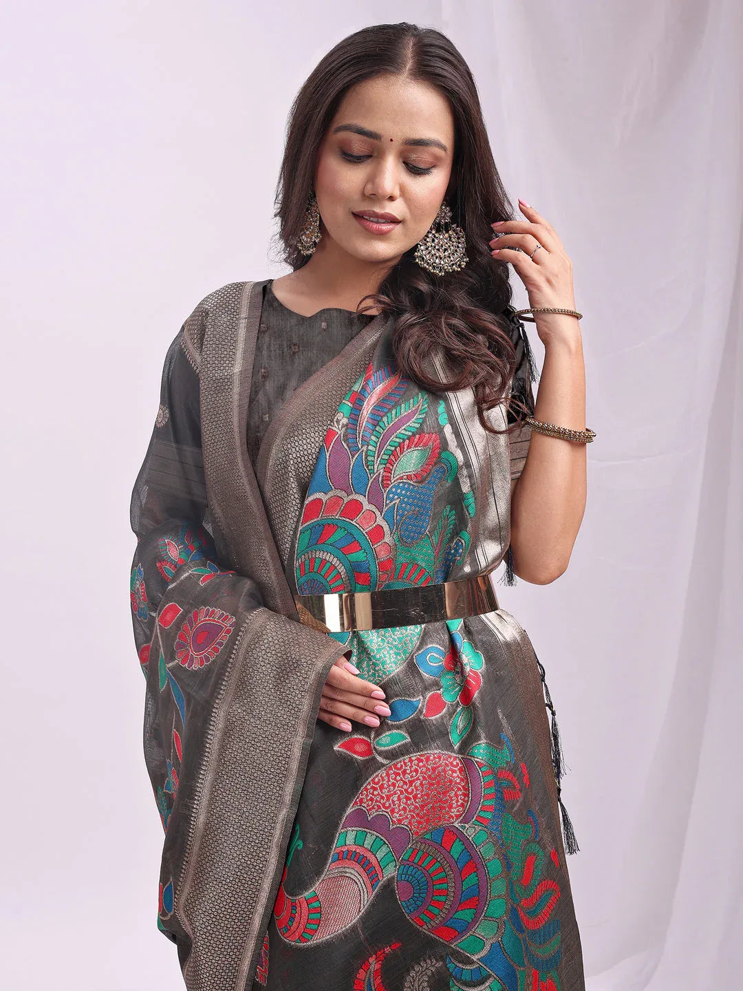 Grey Linen Cotton Saree With Blouse Piece - EZBER